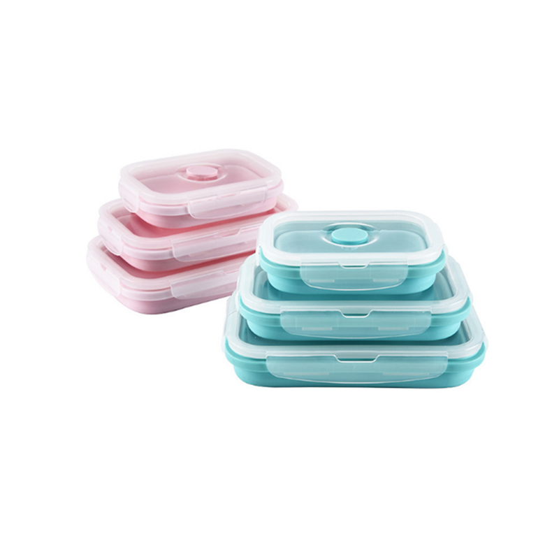 Square Silicone Folding Lunch Box Storage Sets Pink