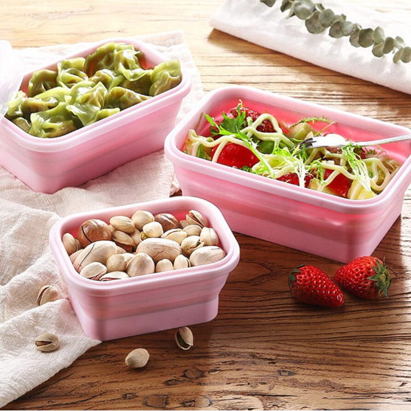Square Silicone Folding Lunch Box Storage Sets Pink