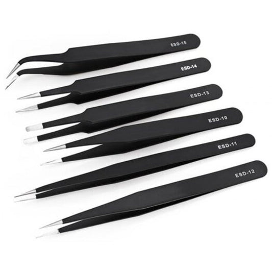 Stainless Steel Anti Static Tweezers 6Pcs Black