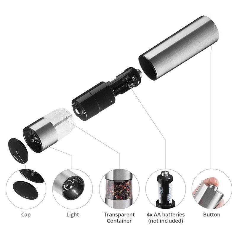 Set Of Two Stainless Steel Electric Pepper Salt Spice Grinder