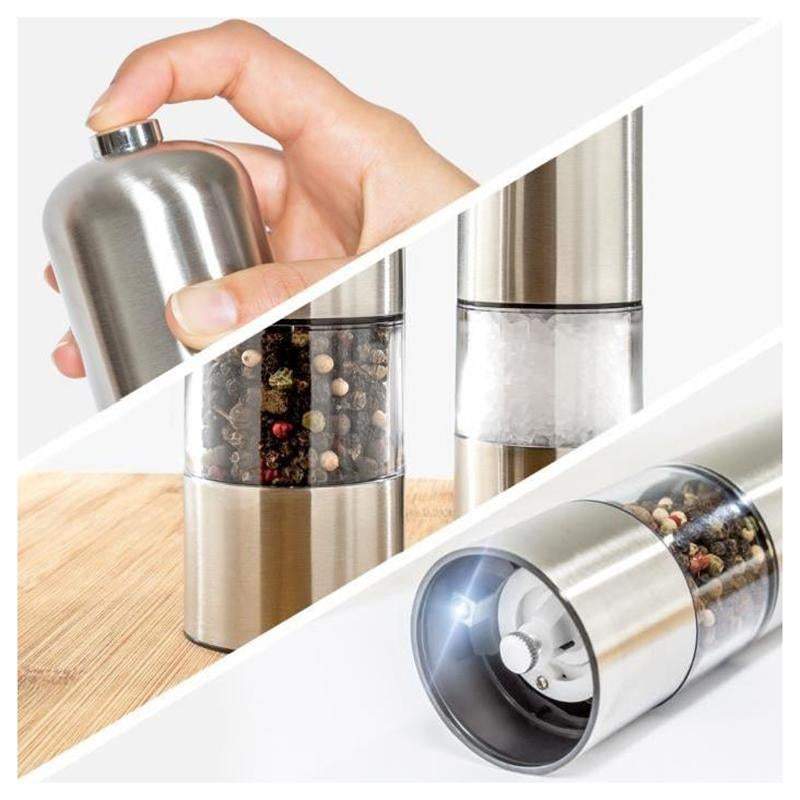 Set Of Two Stainless Steel Electric Pepper Salt Spice Grinder