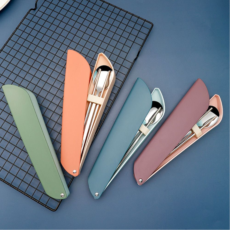 Stainless Steel Chopsticks Spoon Dinnerware Set Non-Slip Long Handle With Storage Box