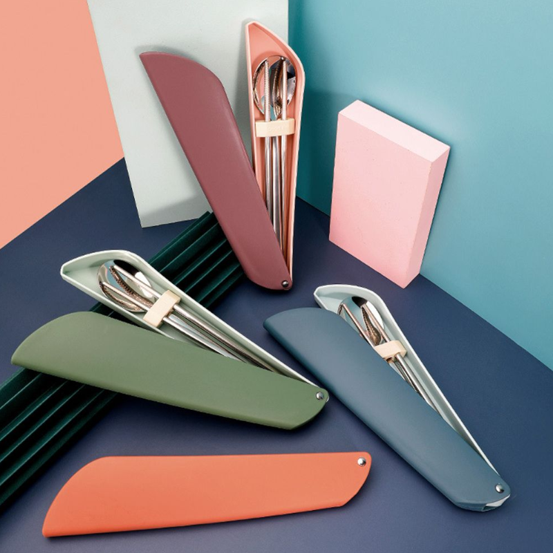 Stainless Steel Chopsticks Spoon Dinnerware Set Non-Slip Long Handle With Storage Box