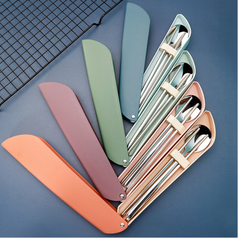 Stainless Steel Chopsticks Spoon Dinnerware Set Non-Slip Long Handle With Storage Box