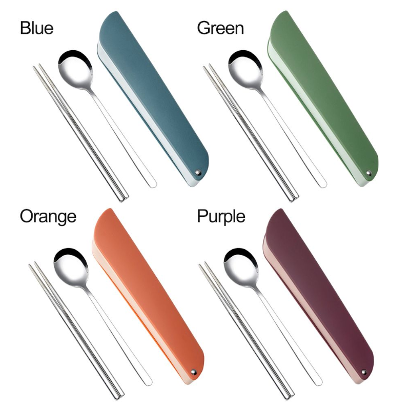 Stainless Steel Chopsticks Spoon Dinnerware Set Non-Slip Long Handle With Storage Box