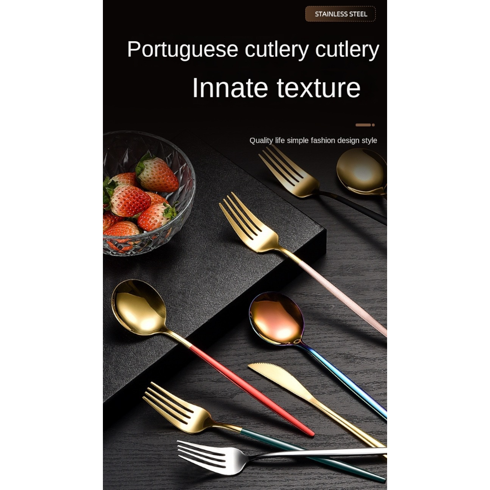 Stainless Steel Cutlery Set With Portuguese Gold Spray Painted Steak Knife Fork Spoon And Tea 4-Piece Gift Pack