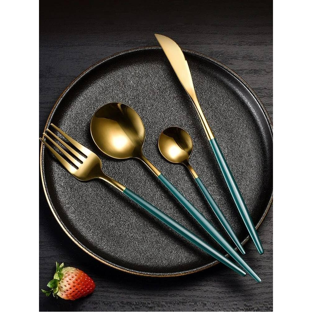Stainless Steel Cutlery Set With Portuguese Gold Spray Painted Steak Knife Fork Spoon And Tea 4-Piece Gift Pack
