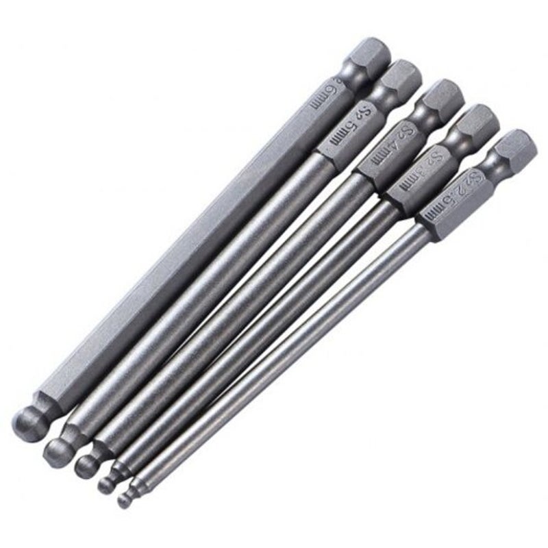 Steel Ball End Hexagon Magnetic Head Screwdriver Bit Drill Set Silver 5Pcs