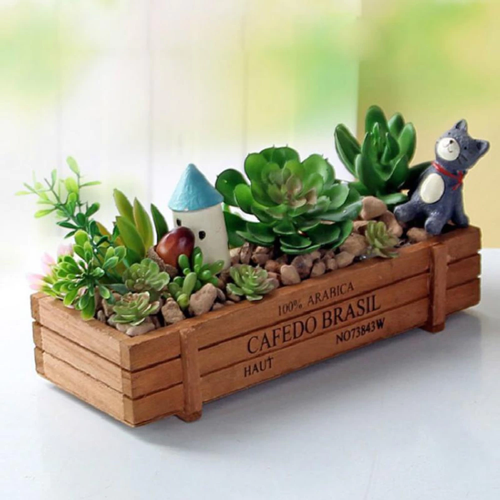 Succulent Plants Flowerpot Rectangular Planter Wood Storage Box Deep Brown