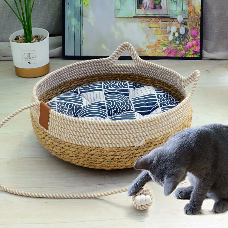 Summer Cat Bed Woven Removable Upholstery Sleeping House Scratch Floor Rattan