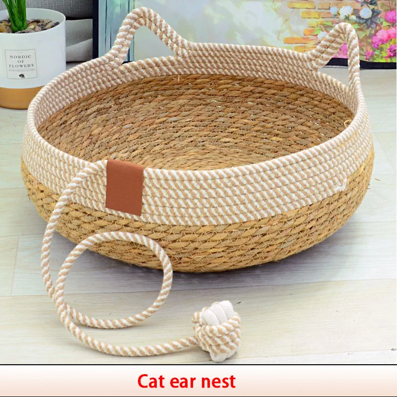 Summer Cat Bed Woven Removable Upholstery Sleeping House Scratch Floor Rattan
