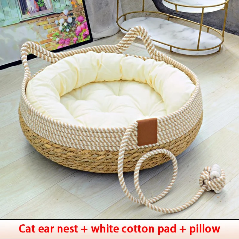 Summer Cat Bed Woven Removable Upholstery Sleeping House Scratch Floor Rattan