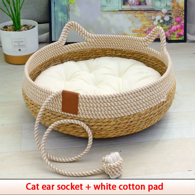 Summer Cat Bed Woven Removable Upholstery Sleeping House Scratch Floor Rattan
