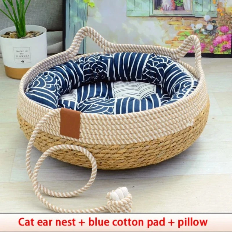 Summer Cat Bed Woven Removable Upholstery Sleeping House Scratch Floor Rattan