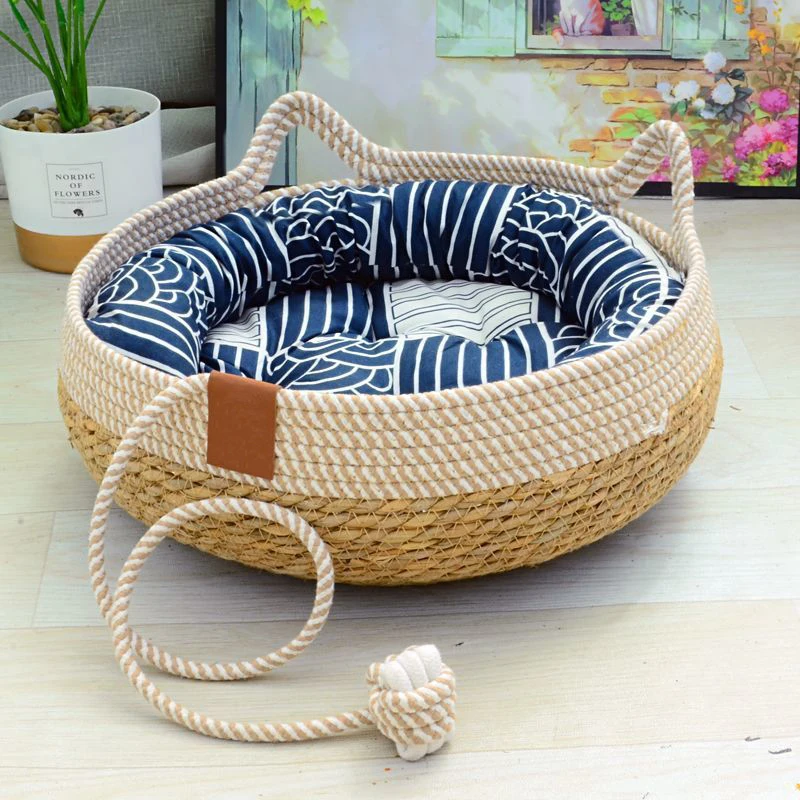 Summer Cat Bed Woven Removable Upholstery Sleeping House Scratch Floor Rattan