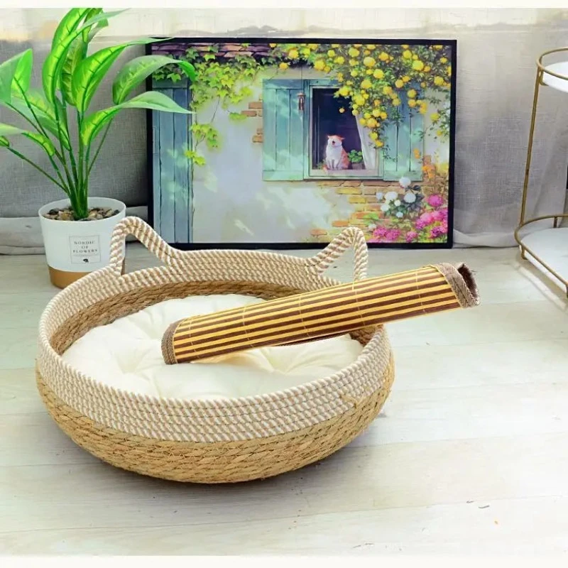 Summer Cat Bed Woven Removable Upholstery Sleeping House Scratch Floor Rattan