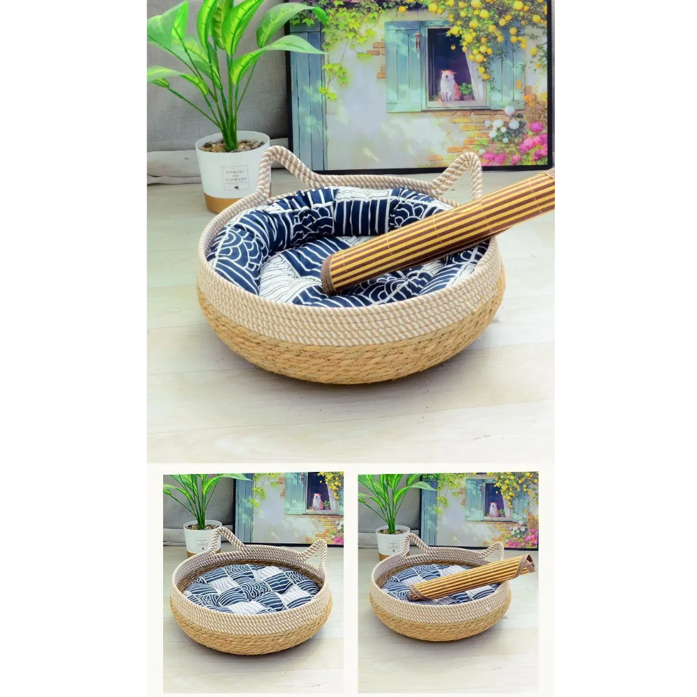Summer Cat Bed Woven Removable Upholstery Sleeping House Scratch Floor Rattan