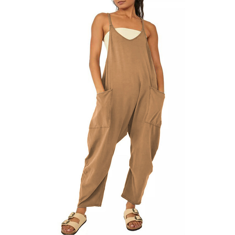 Summer Womens Loose Sleeveless Jumpsuits Spaghetti Strap Long Pant Romper With