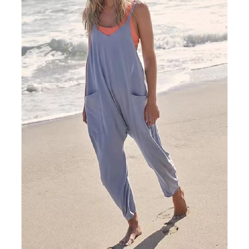 Summer Womens Loose Sleeveless Jumpsuits Spaghetti Strap Long Pant Romper With