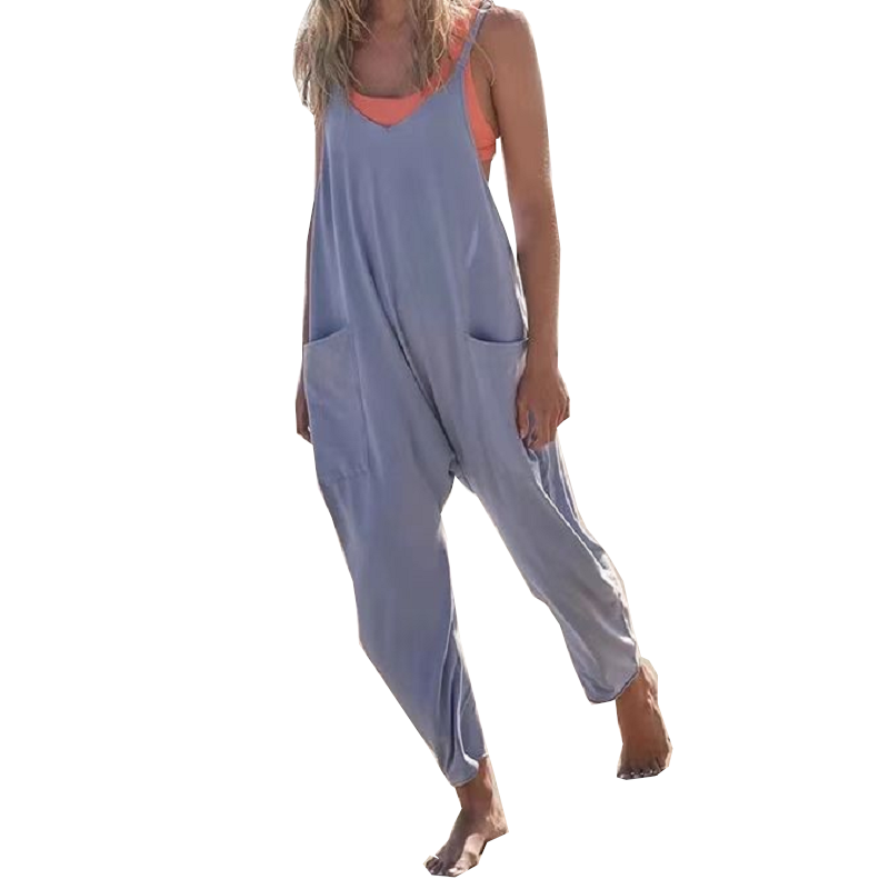 Summer Womens Loose Sleeveless Jumpsuits Spaghetti Strap Long Pant Romper With