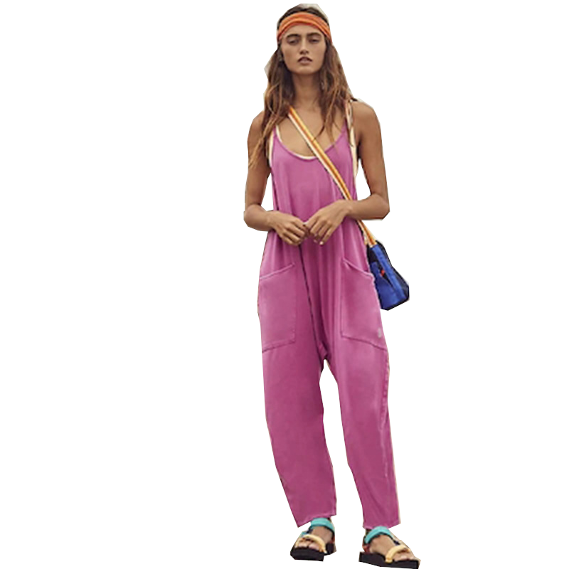 Summer Womens Loose Sleeveless Jumpsuits Spaghetti Strap Long Pant Romper With