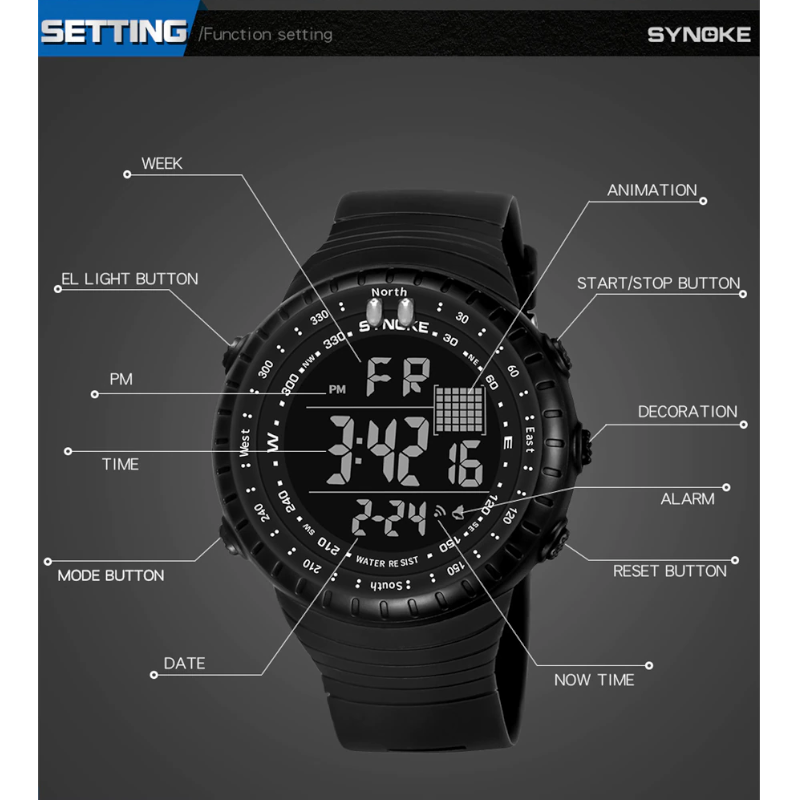 Waterproof Digital Outdoor Multi Function Watch Black