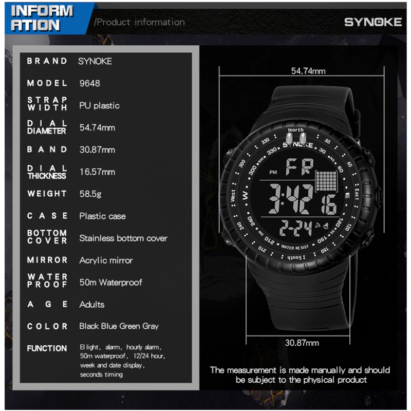 Waterproof Digital Outdoor Multi Function Watch Black