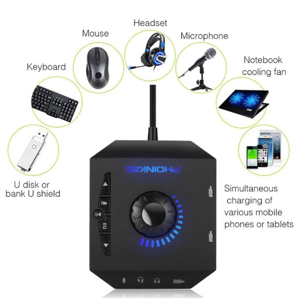 T10 Multi Switch Usb Hub O Adapter External Stereo Card With 3.5 Mm Headphones And Microphone Jack Black