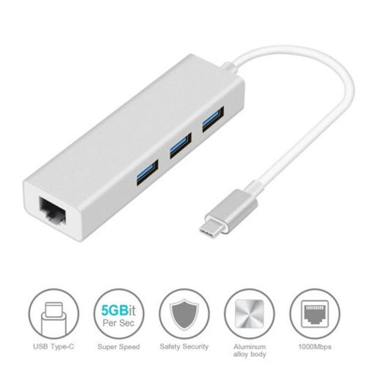 Type C 3Port Usb 3.0 Hub With Gigabit Ethernet Adapter Silver