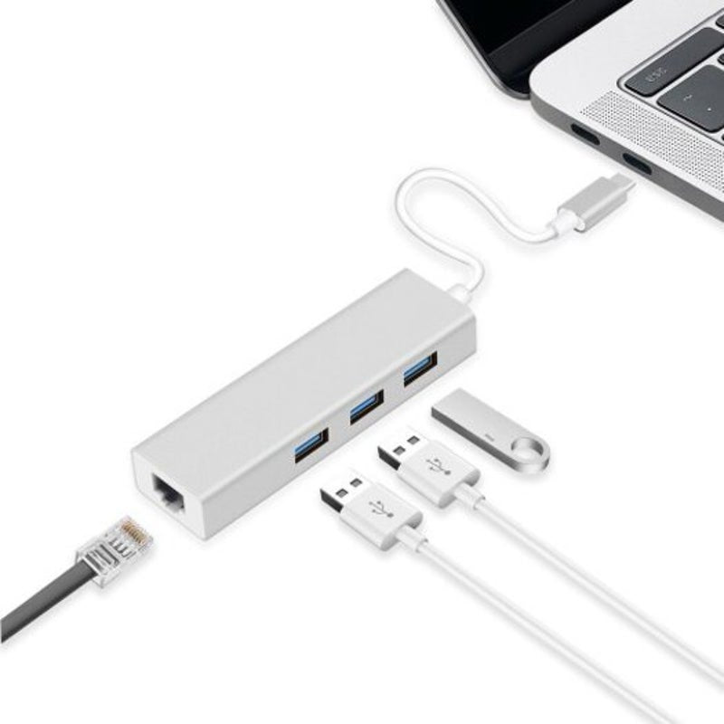 Type C 3Port Usb 3.0 Hub With Gigabit Ethernet Adapter Silver