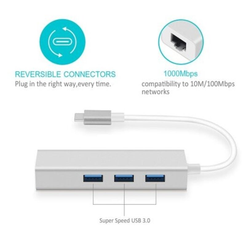 Type C 3Port Usb 3.0 Hub With Gigabit Ethernet Adapter Silver
