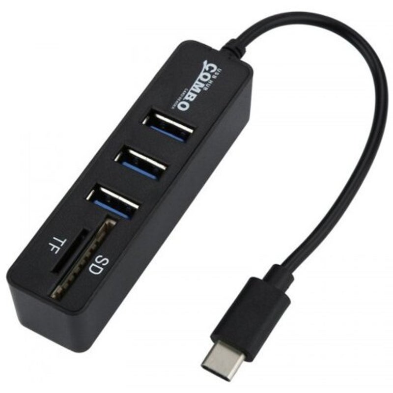 Type C To 3 Ports Usb 2.0 Hub Adapter Converter Sd Tf Card Reader Black