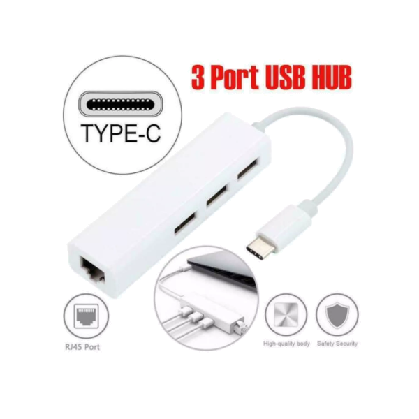 Type C 3-Port Hub Usb To Rj45 Ethernet Network Adapter Cable