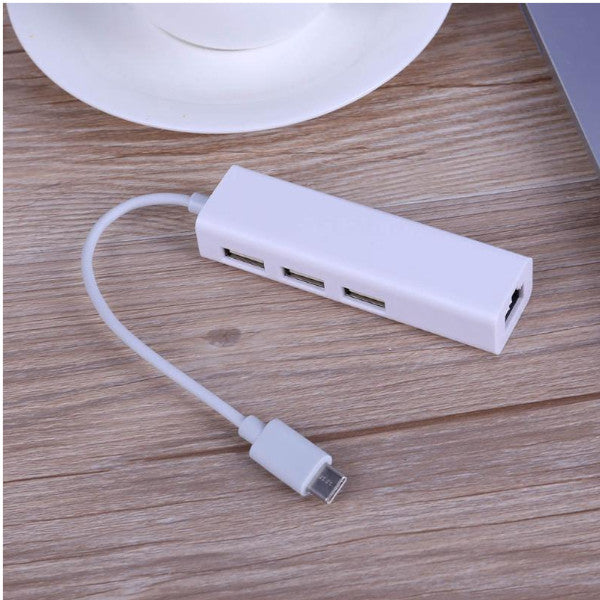 Type C 3-Port Hub Usb To Rj45 Ethernet Network Adapter Cable