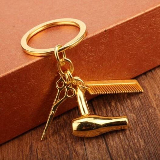 Unique Hair Dryer Comb Scissor Style Alloy Key Chain Golden
