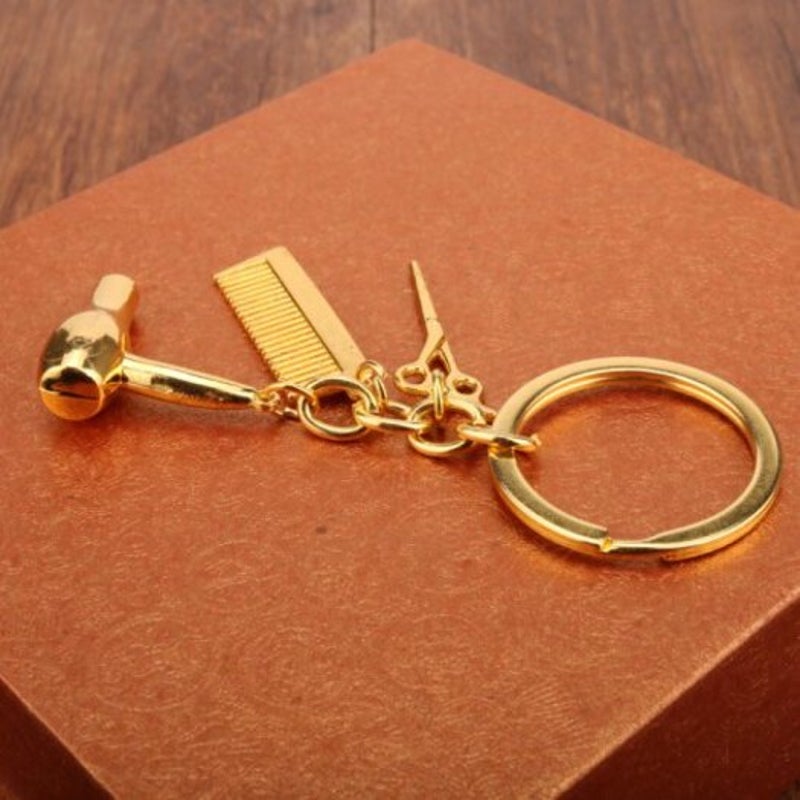 Unique Hair Dryer Comb Scissor Style Alloy Key Chain Golden