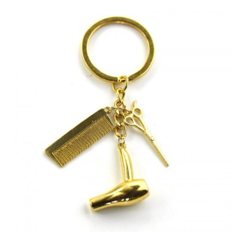 Unique Hair Dryer Comb Scissor Style Alloy Key Chain Golden