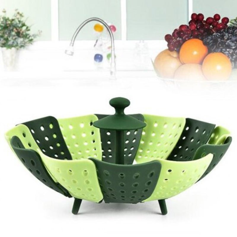 Unique Stitching Design Folding Steamer Fruit Drain Basket Multipurpose Holder Green Apple