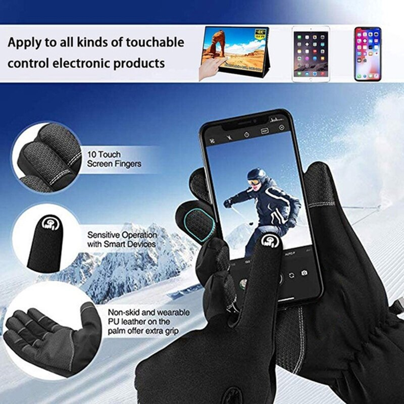 Unisex Outdoor Waterproof Gloves Winter Touch Screen Thermal Full Finger Inner Plush Skiing Grays
