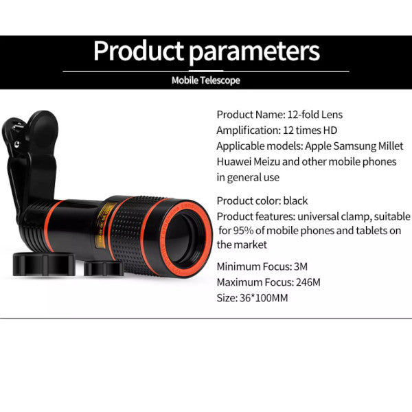 Universal 12X Mobile Phone Focusing Zoom Telescope Head External Hd Camera Times Lens Black