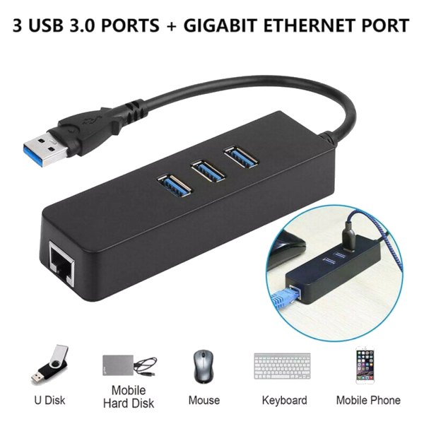 Usb Gigabit Ethernet Adapter 3 Ports 3.0 Hub To Rj45 Lan Network Card For Macbook Desktop