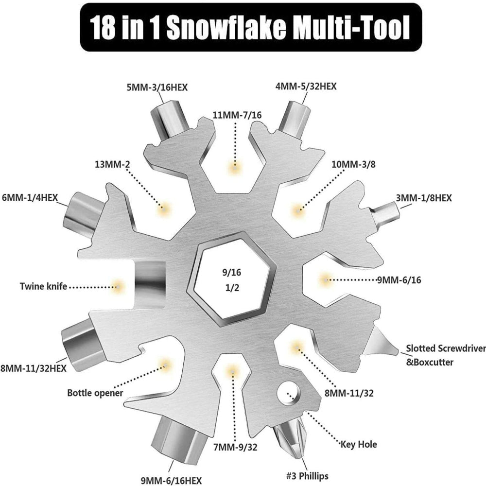 18 In Multi-Tool Snowflake Bottle Opener Stainless Keychain Wrench Screwdriver Silver