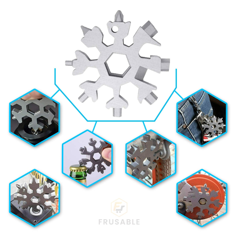 18 In Multi-Tool Snowflake Bottle Opener Stainless Keychain Wrench Screwdriver Silver