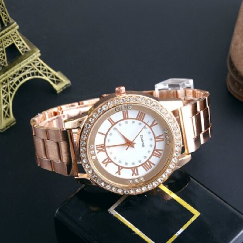V5 Men Fashion Diamond Roman Scale Stainless Steel Quartz Watch Multi B