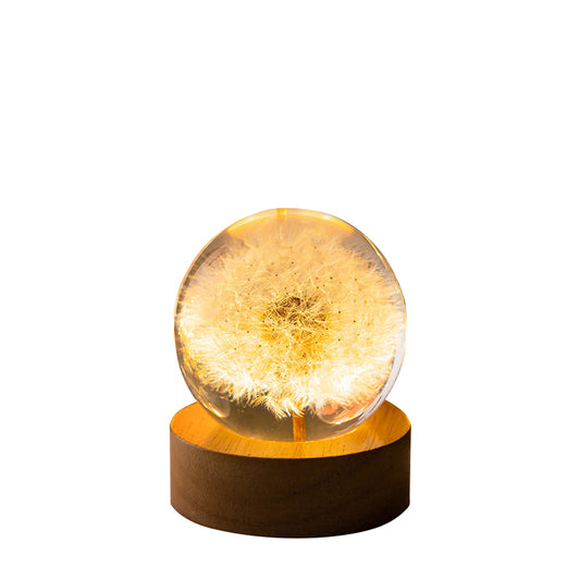 Elsoung Luminous 3D Dandelion Crystal Ball Beech Wood Stand Base Preserved Flower Sphere Desktop Ornaments Bithday Chris