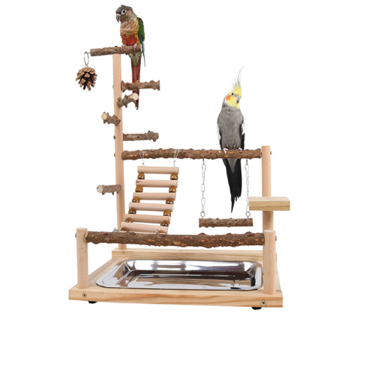 Natural Bird Play Stand Multi Level Parrot Perch With Toys & Ladder
