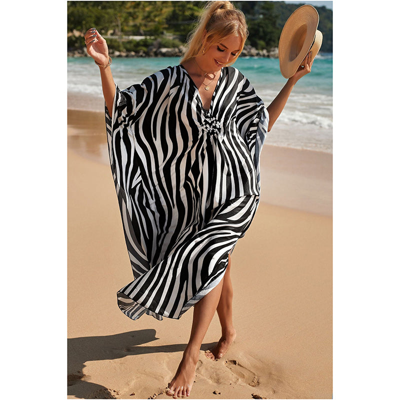 1 Sets of Elosung 1 Sets Of Zebra Print Loose Fit Caftan Dress Resort Style Beach Coverup For Women