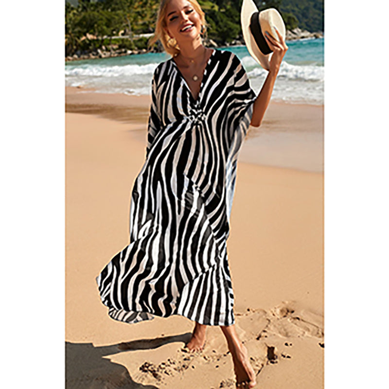 1 Sets of Elosung 1 Sets Of Zebra Print Loose Fit Caftan Dress Resort Style Beach Coverup For Women