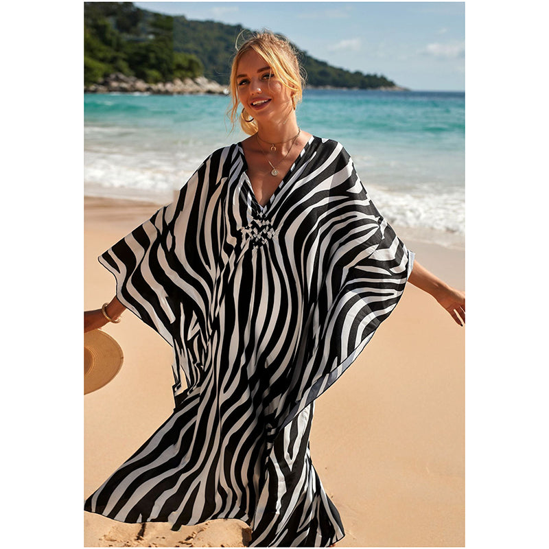 1 Sets of Elosung 1 Sets Of Zebra Print Loose Fit Caftan Dress Resort Style Beach Coverup For Women