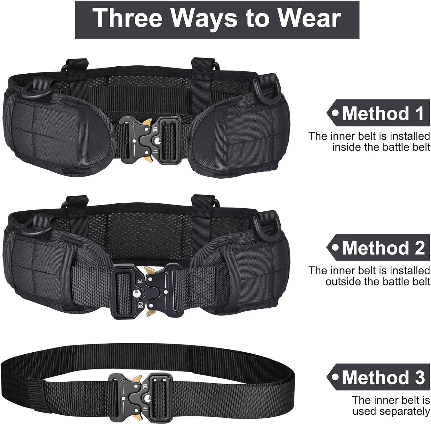 Black Tactical Battle Belt Set Padded Molle Outer & Nylon Inner